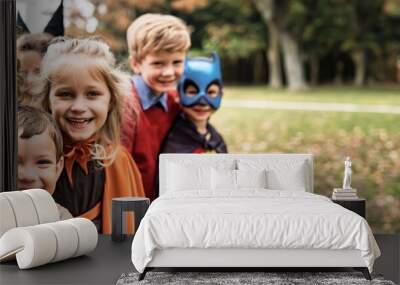 Happy diverse children wearing halloween costumes, smiling and having fun together in a park, during a beautiful autumn day Wall mural