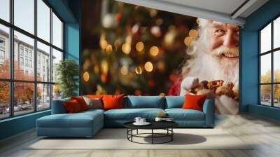 Santa claus is holding a red new year treats and sweets, standing in a cozy room with falling snow and a decorated christmas tree in the background with copy space. merry christmas Wall mural