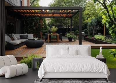 Luxurious morning garden featuring teak wood deck and elegant black pergola design Wall mural