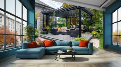 Luxurious outdoor garden with teak wood deck and stylish black pergola for elegant morning setting Wall mural