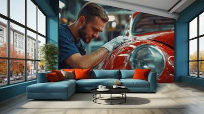 Man in blue work attire fixes front of red car with white paint in modern auto workshop Wall mural