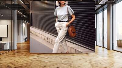 Beautiful senior lady with gray hair posing standing in the street of European city, gorgeous older woman fashion model, streetstyle blogger Wall mural