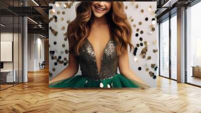 Beautiful young woman in sequined dress having fun on New Year party, happy pretty lady dancing and laughing on holidays with sparkles and bokeh lights Wall mural