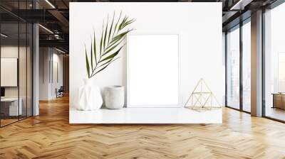 white frame and home decoration details on tabletop with wall, artwork poster mock-up Wall mural