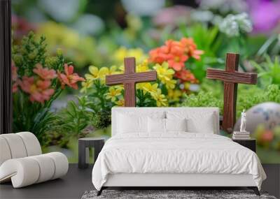 Miniature easter resurrection garden with wooden crosses, flowers, and greenery in photography shot Wall mural