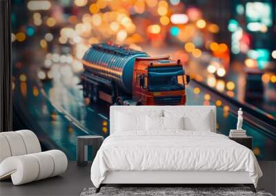 Miniature tanker truck navigates model cityscape, showcasing transportation and logistics theme Wall mural