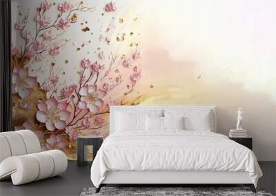 Minimalist sakura cherry blossom pink and gold greeting card template illustration Wall mural