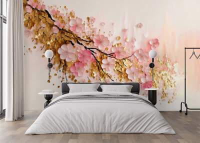 Minimalist sakura cherry blossom pink and gold greeting card template illustration Wall mural