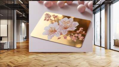 Minimalist sakura cherry blossom pink and gold greeting card template illustration Wall mural