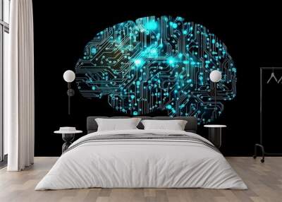 Minimalistic digital brain design in turquoise and light blue on black, symbolizing ai innovation Wall mural