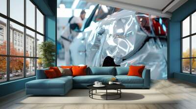 Modern car repair service. Master fixing car after accident with professional tools Wall mural