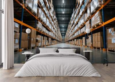 Modern warehouse interior for logistics and distribution  low angle perspective of packaging center Wall mural