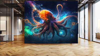 Neon, magic, acid, futuristic, space octopus illustration Wall mural