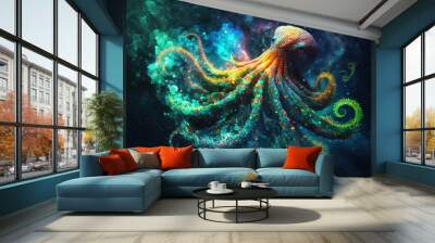 Neon, magic, acid, futuristic, space octopus illustration Wall mural