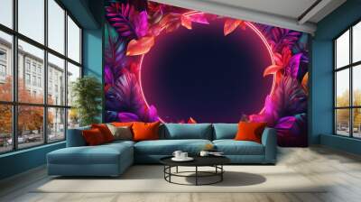 Neon fluorescent layout with tropical leaves Wall mural