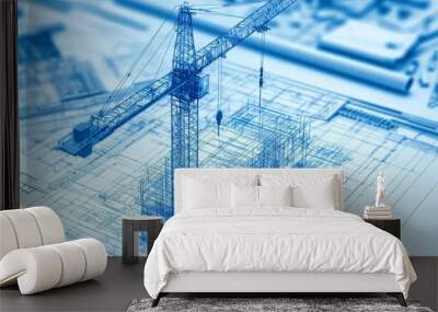 Photography of a detailed 3d blueprint showcasing building construction with a crane in action Wall mural