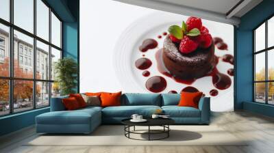 Plate with delicious Chocolate fondant, Berries and mint on grey table, closeup. Image for cafe menu, Banner Wall mural