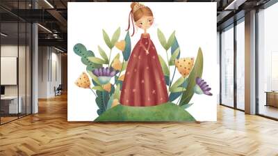 Beautiful princess and fantasy flowers. Hand drawn illustration. Wall mural