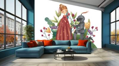 Beautiful princess with knight and fantasy flowers. Hand drawn illustration. Wall mural