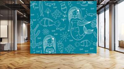 Seamless pattern with mermaid, fishes and coral.  Wall mural