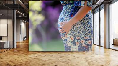 pregnant woman with big belly in a beautiful dress on a backgrou Wall mural