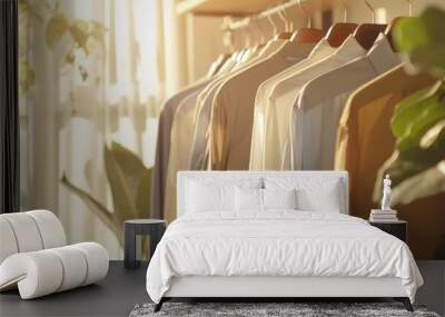 Quality image of sunny day with clean clothes on hangers at indoor dry-cleaning shop Wall mural