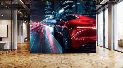 Rear view of a red business car speeding along a high-speed highway in the vibrant night cityscape Wall mural