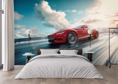 Red luxury super car racing at high speed on sunny day highway turn with motion blur effect Wall mural