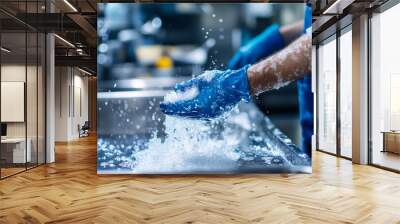 Restaurant kitchen hygiene  worker cleaning after service with selective focus on hand Wall mural