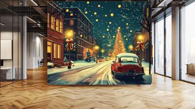 Retro cars in the old town in snowy weather for Christmas. postcard, design Wall mural