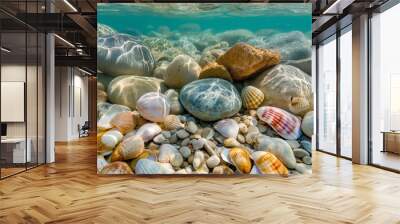 Sea and ocean life creative advertising concept. Close up of the seabed. Beautiful wet colorful shiny stones, starfish and shells under raindrops or sea spray. background, wallpaper Wall mural