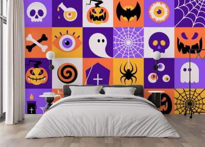 Geometric Happy Halloween Banner. Trick or Treat. Cute scary Party, Horror Holiday design concept. Vector Illustration in minimalist flat style. Sticker icons set or seamless pattern Wall mural