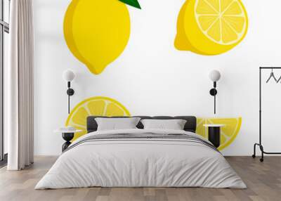 Set of lemons- a whole lemon, half, a piece and a slice of lemon. Fruit isolated on a white background. Stock vector illustration. Wall mural