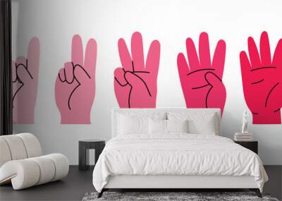 Set with hand gestures from one to five, in cute cartoon style in pink colors. hand drawn vector illustration, isolated on white Wall mural