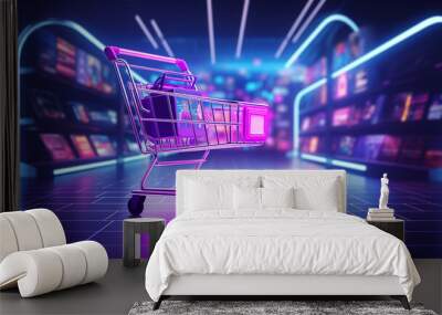 Shopping trolley in neon light Wall mural