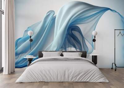 Smooth flying elegant blue transparent silk fabric cloth on white background Wall mural