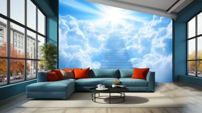 Stairs to the sky symbolize hope, surrounded by clouds and sunlight against a blue heaven. Wall mural