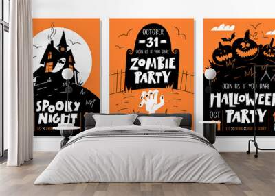 Vector set of Halloween party invitations or greeting cards with handwritten text and traditional symbols. Wall mural