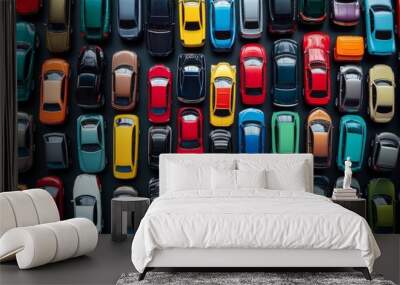 Vibrant display of colorful toy cars in a grid pattern against a dark background Wall mural