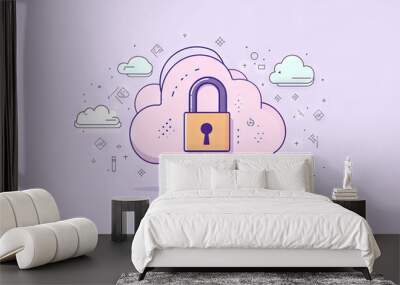 Digital illustration depicting cloud security with a padlock, symbolizing data protection and secure cloud storage on a pink background.
 Wall mural