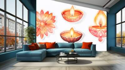 Watercolor illustrations of Diwali diyas and decorative candles, showcasing vibrant colors and traditional designs, perfect for festive projects.
 Wall mural