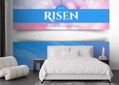 Christian religious design for Easter celebration. Two-sided horizontal flyer. Text: He is risen, shining Cross and heaven with white clouds. Wall mural