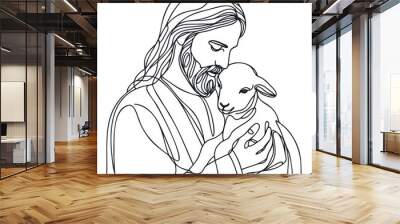 continuous drawing of Jesus Christ holding a lamb in his arms. Wall mural