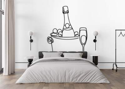 continuous line Champagne bottle Wine Bucket Alcoholic drink and glass. one line drawing on white background Wall mural