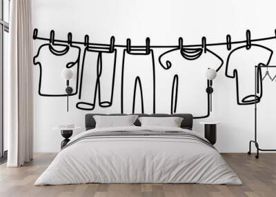 Continuous one line drawing of laundry hang on clothline. Vector illustration Wall mural