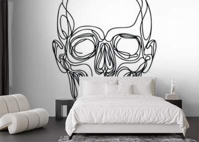 Human scull. One line continuous Halloween skull isolated on white background. Line art outline vector illustration Wall mural