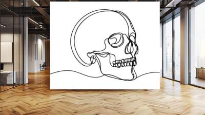 Human scull. One line continuous Halloween skull isolated on white background. Line art outline vector illustration Wall mural