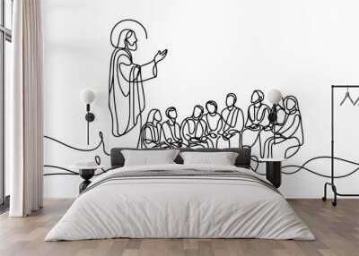 One continuous line drawing of Jesus preaching to a crowd of people. Wall mural