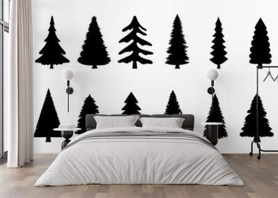 set of Christmas tree silhouettes on white background. Vector illustration Wall mural