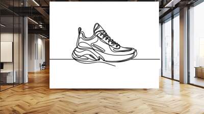 Vector illustration of sneakers sports shoes in a continuous one line isolated white background. Wall mural